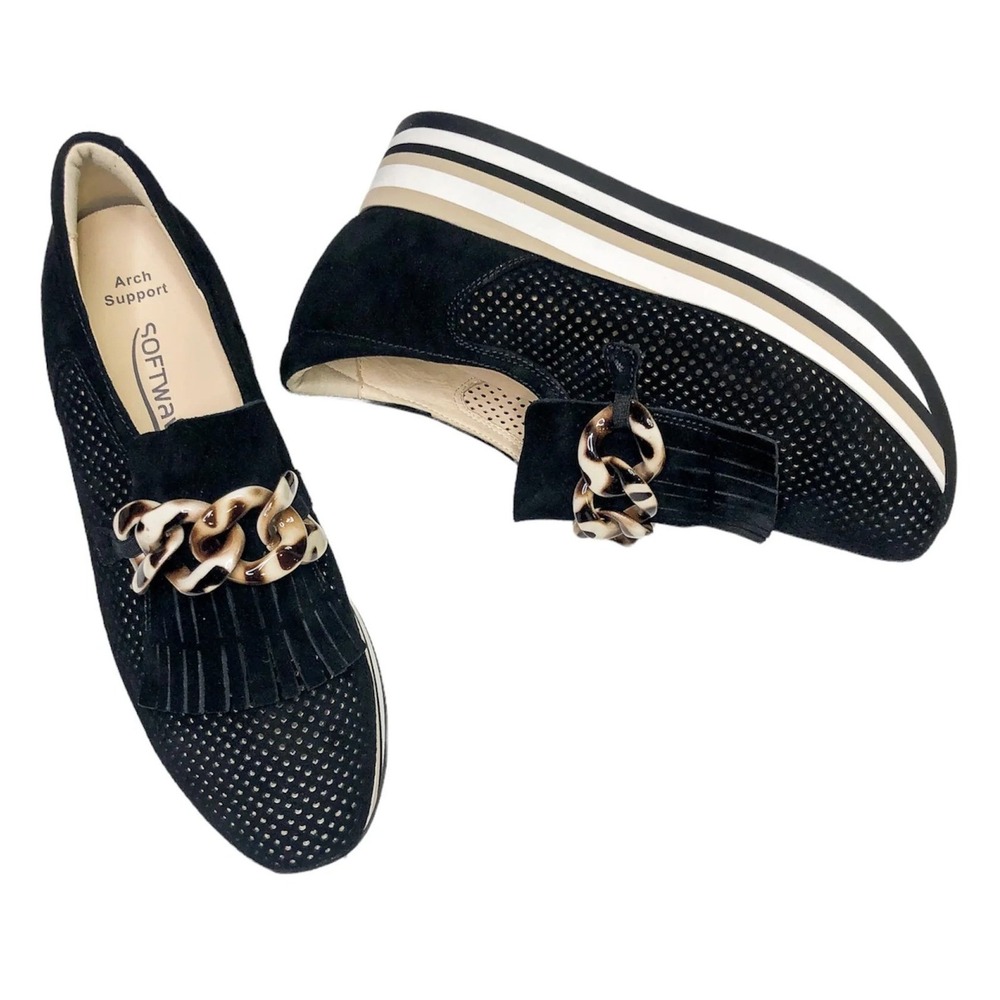 Softwaves Cadie platform Suede Loafers Womens 38.5‎ Black Tortoiseshell Chain